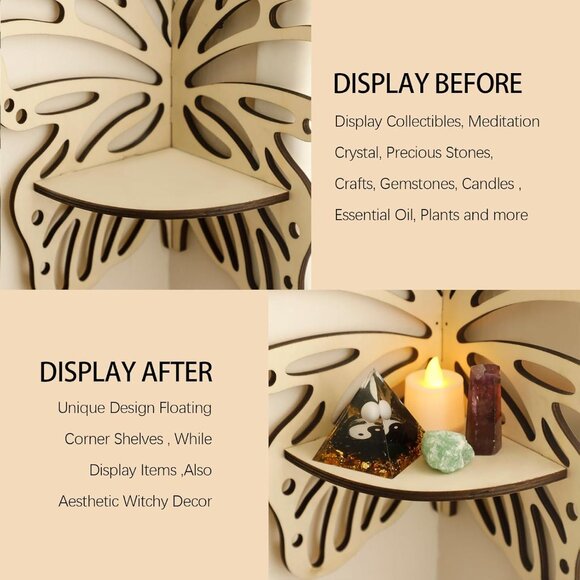 Crystal Shelf Display -2 Pcs Butterfly Floating Shelves for Wall Corner Shelf fo - Picture 5 of 6